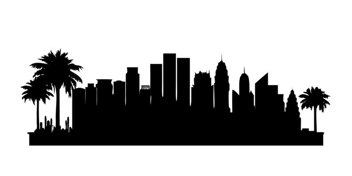Modern Tropical City Skyline Silhouette Vector Icon Skyscrapers and Palm Trees Isolated on White