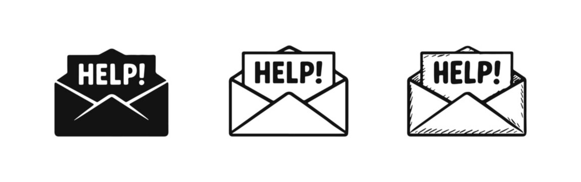 Help message in open envelope icon in solid, outline, and doodle styles