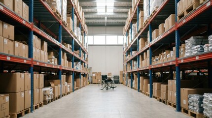 Obraz premium Warehouse Interior - Rows of Shelves Stocked with Cardboard Boxes, Storage and Logistics.