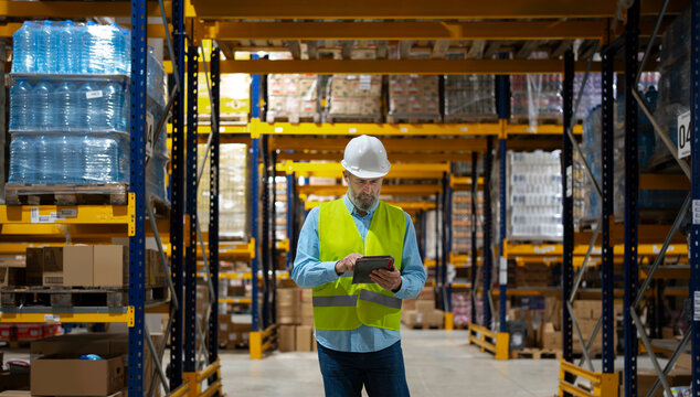 A worker wearing a hard hat and safety vest stands in a warehouse. Shelves fill with boxes and products. He is focused on a tablet in his hands, checking information or data.