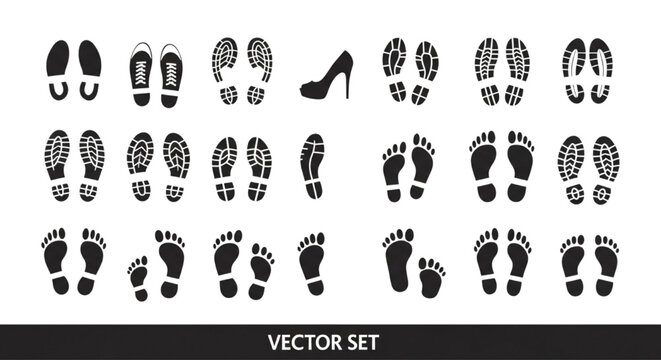 Shoes Print Icon Vector Set, Footprints Illustration Collection, Footstep Track Symbols, Shoe Sole Logo Design Elements