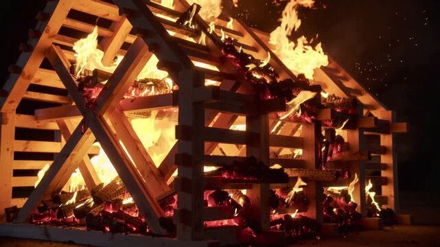 Firewood burning logs in a woodstove with bright flames and glowing embers, cozy winter hearth atmosphere captured in dramatic close-up photography