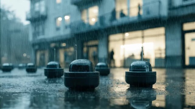 Sharp image of mixeduse building automation wireless sensors with an indistinct blur of retail and residential spaces in the background.