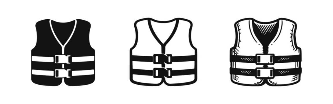 Life Jacket and Safety Vest Icon Set. Water Safety Equipment Symbol in Multiple Styles.