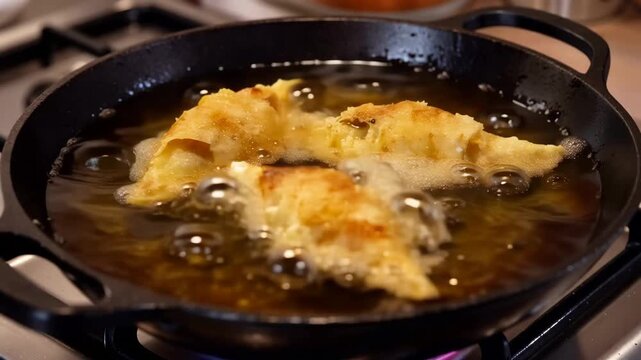 Three stuffed pasta shells are cooking in a skillet, surrounded by bubbling sauce and steam rising from the pan.