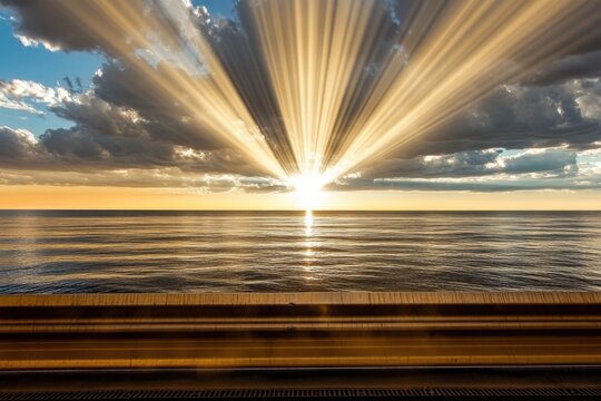Dramatic sunset over ocean with sunrays breaking through clouds