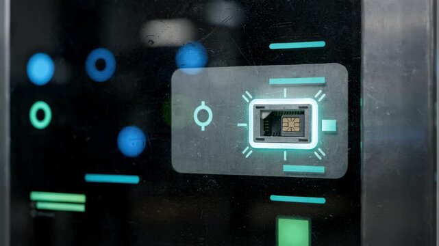 Medium shot of a vending machine interface displaying network status focusing on IoT SIM card slot glowing highlighting remote monitoring capabilities.