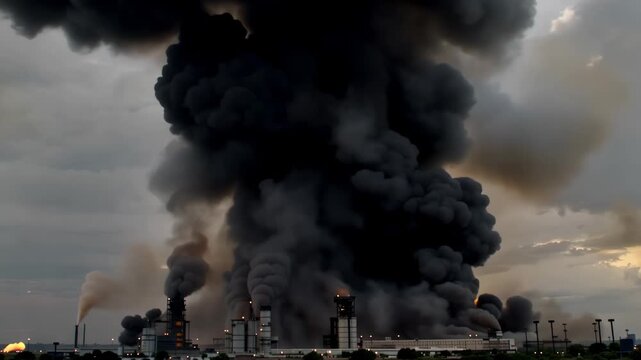A large black smoke plume rises from a factory, indicating possible pollution or a fire incident.