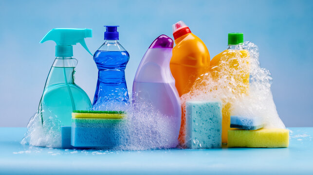 Cleaning bottles foam sponges detergent colorful household cleaners and sudsy brushes on blue surface with bubbles for kitchen and bathroom cleaning supplies