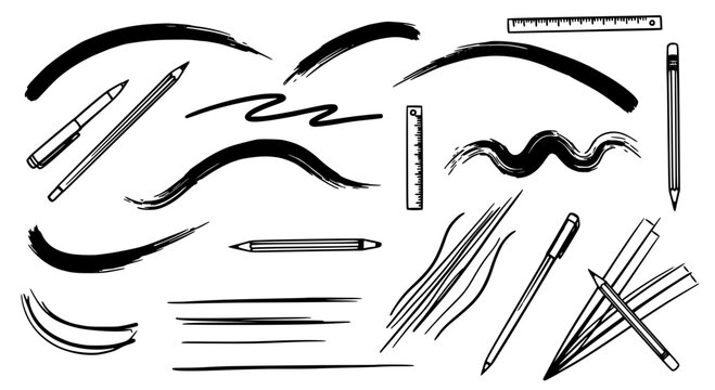 Pencils hand drawn set with black lines, strokes, and ruler for drawing and writing featuring illustration, graphic design, art supplies with