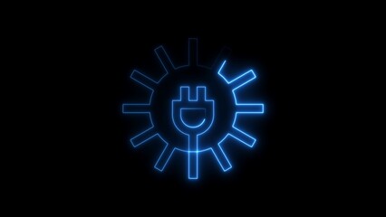 Obraz premium Blue Neon Electrical Plug Inside a Gear Shape on a Black Background abstract bright