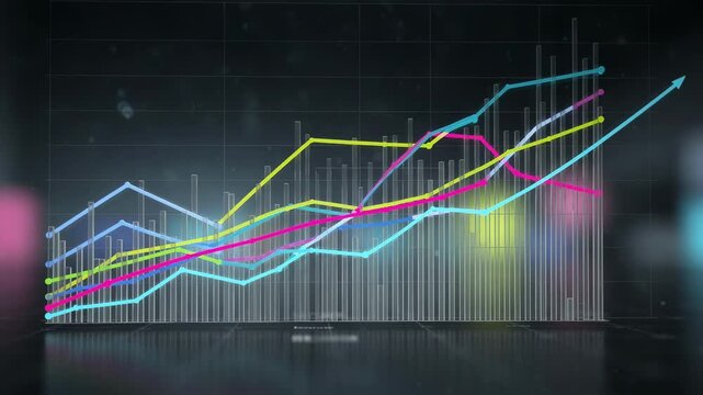 Realtime dashboard with a combination of line and bar graphs the main chart lines sharply defined against a softly blurred user interface in the background.