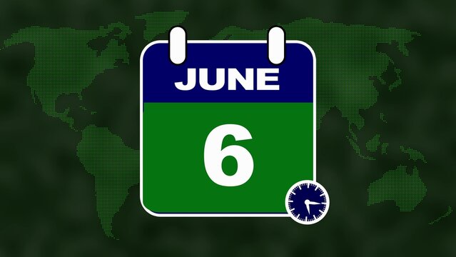Calendar Displaying June 6th with a Global Map Backdrop and Timepiece sixth date