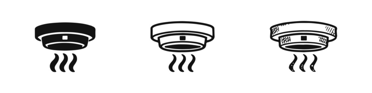 Smoke Detector Fire Alarm Icons. Safety Sensor Device Symbols with Detection Waves in Vector and Doodle Art Styles.