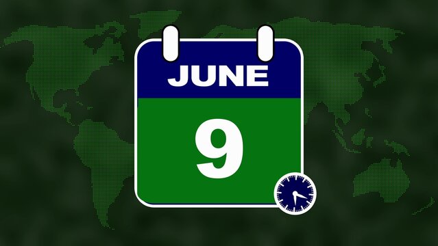 Calendar for June 9th with Global Map and Clock Element ninth date