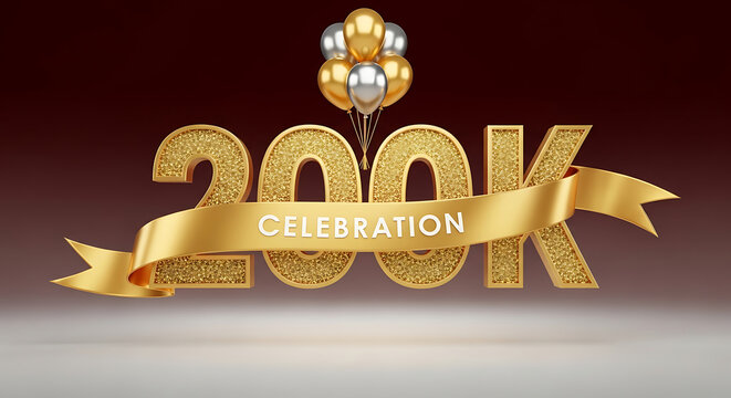 200k celebration golden 3d text with balloons and ribbon