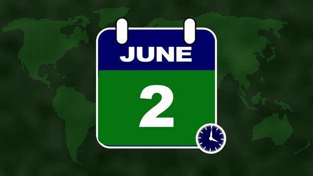 Calendar Page for June 2nd with Global Map and Time Indicator second date
