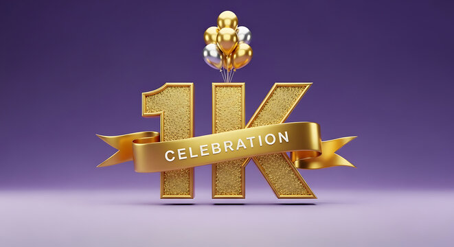 3d rendering of a golden 1k celebration sign with balloons on a purple background