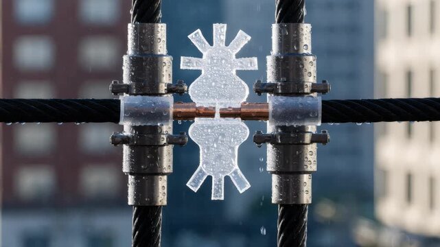 Medium shot of aerial strand splice closure preparation emphasizing precise cable alignment and sealing while the urban skyline remains out of focus.