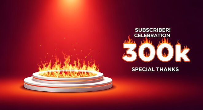300k subscriber celebration special thanks design with flaming numbers and podium