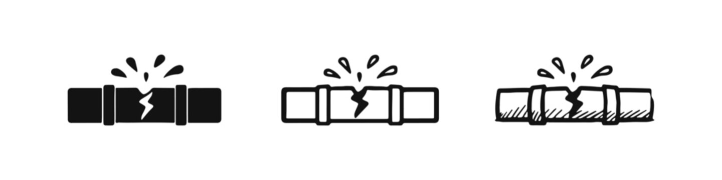 Broken leaking pipe icon set - Plumbing problem, damage, water leak, or emergency symbol in various styles.