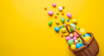 Obraz premium Colorful Easter Eggs Spilling from Woven Basket on Yellow Background