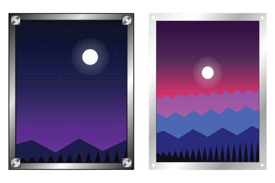 Modern Minimal Mountain Night Scene with Moon and Stars in Luxury Frame Design.