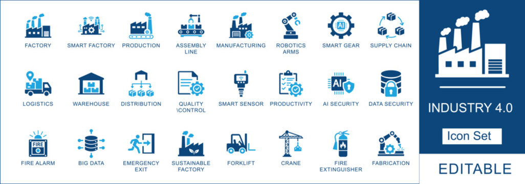 Industry 4.0 and smart factory icon set featuring automation, robotics, AI security, logistics, manufacturing, and sustainable production icons for professional industrial design.