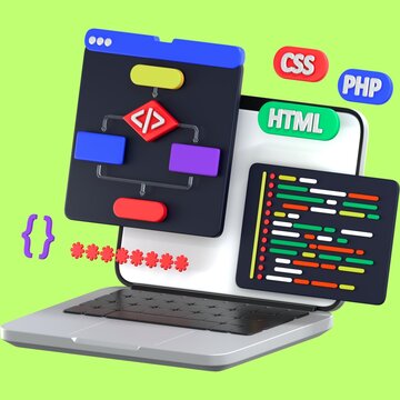 A colorful illustration of a laptop with coding symbols and programming languages