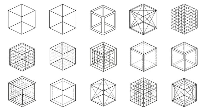 Geometric Progression of a Cube Illustrating Structural Complexity and Dimensional Expansion in 3D Space