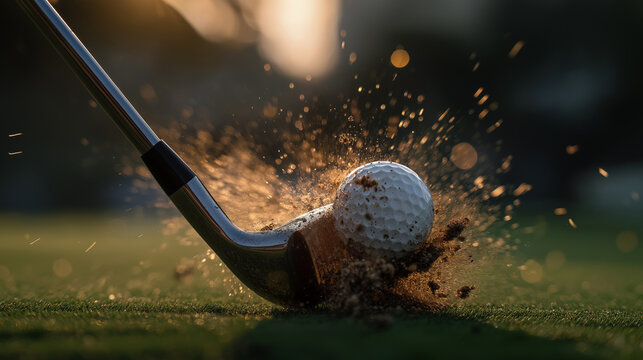 High-speed macro photograph of sleek metal golf club head striking white golf ball on pristine green fairway, exploding grass.