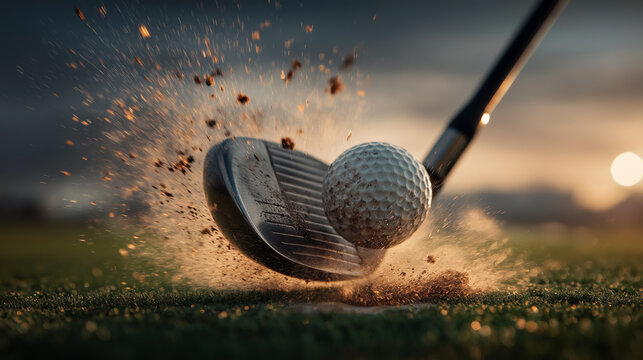 High-speed macro photograph of sleek metal golf club head striking white golf ball on pristine green fairway, exploding grass.