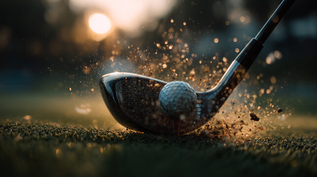 High-speed macro photograph of sleek metal golf club head striking white golf ball on pristine green fairway, exploding grass.