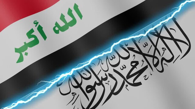 Two waving flags Iraq and Afghanistan with diagonal lightning seamless, 4k loop