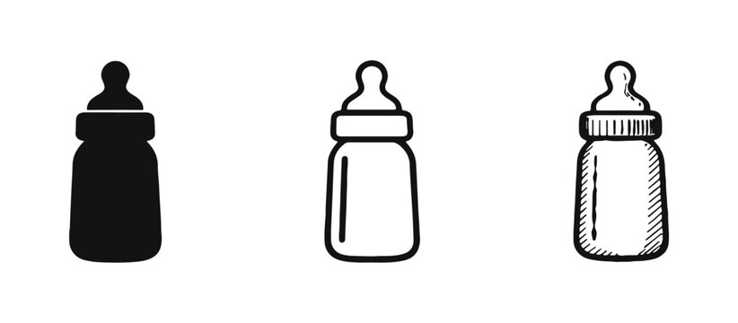 Baby feeding bottle icon set: solid black, outline, and hand-drawn style for infants and newborns.