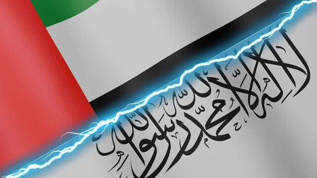 Two waving flags United Arab Emirates and Afghanistan with diagonal lightning seamless, 4k loop