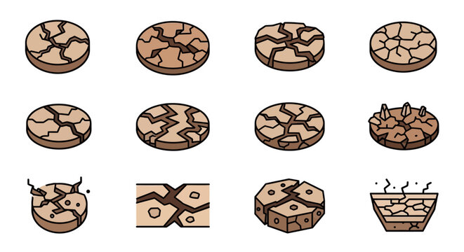 Set of isometric cracked earth icons, perfect for representing drought, arid landscapes, desert environments, and environmental degradation in game design, apps, or digital illustrations