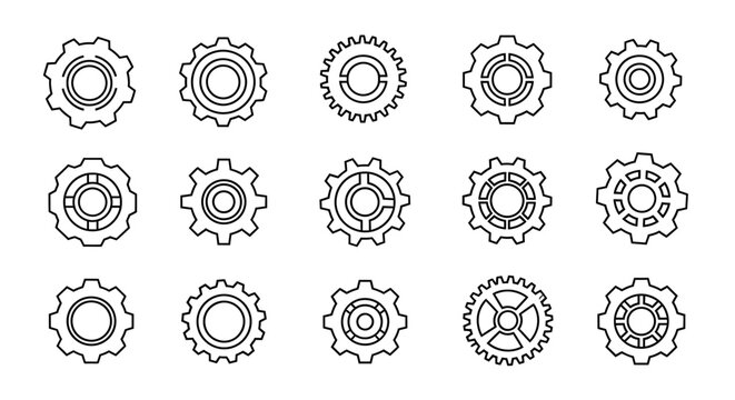 Collection of various gear icons representing mechanics and engineering concepts in a clean, line-art style