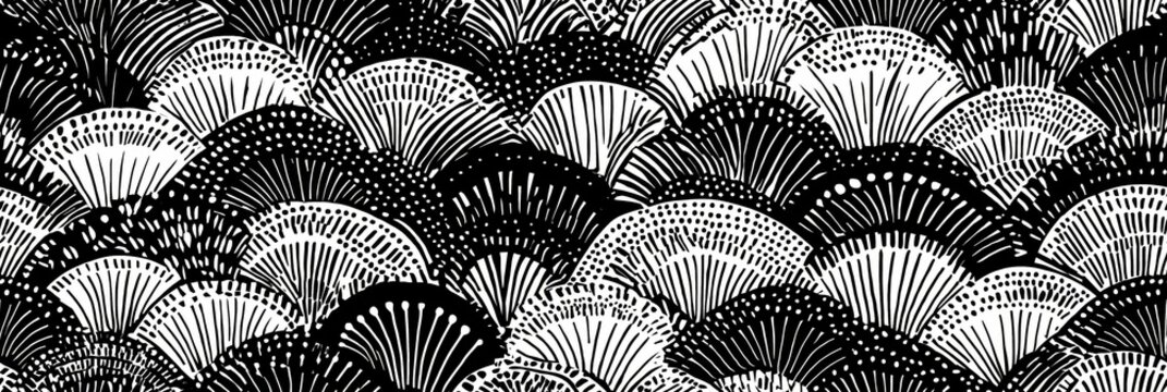 Japanese black and white scallop pattern graphic design. Seamless monochrome scallop graphic pattern creating a stylish fan texture background