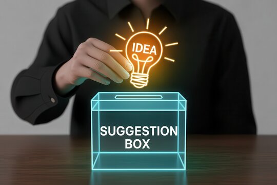Business person putting a glowing lightbulb idea into a digital suggestion box