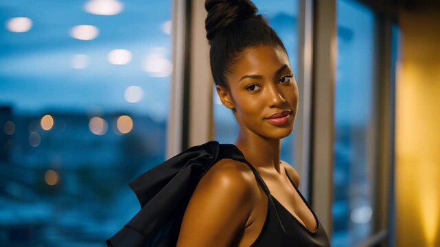 Young woman standing outside gym window at dusk gathering courage with athletic bag clutched tightly, perfect for fitness intimidation overcome, exercise anxiety moment, beginner workout