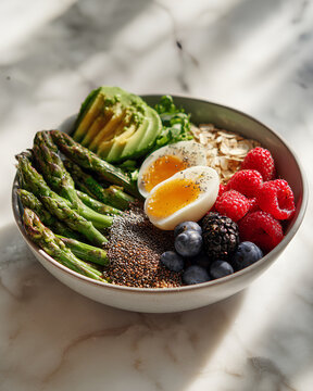 Spring gut reset bowl with fiber rich foods greens asparagus avocado chia oats and berries showcasing digestion wellness and renewal concept