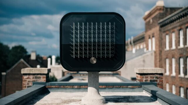 View of a compact phasedarray satellite antenna on a building rooftop featuring the flatpanel unit in crisp detail with a softly blurred sky and adjacent structures.