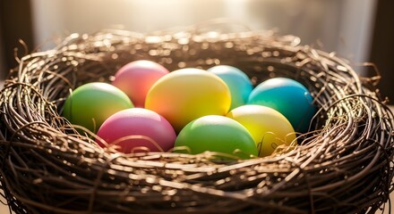 Fototapeta premium Easter sunday celebration with colorful eggs in a bird's nest