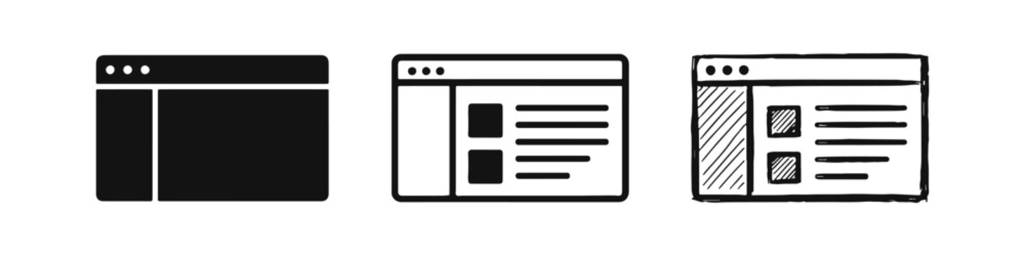 Web Browser Window Layout Icons Set, UI UX Design Elements and Hand-Drawn Wireframe Sketch