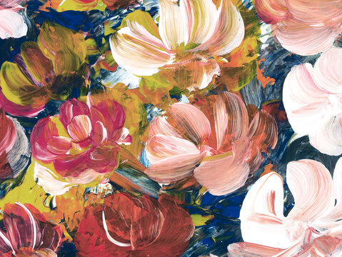 Abstract flowers, original hand drawn, impressionism style, color texture, brush strokes of paint
