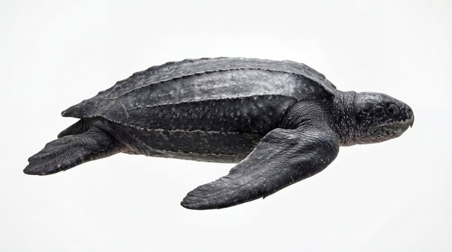 A detailed side view profile of a leatherback sea turtle hatchling with a dark textured carapace