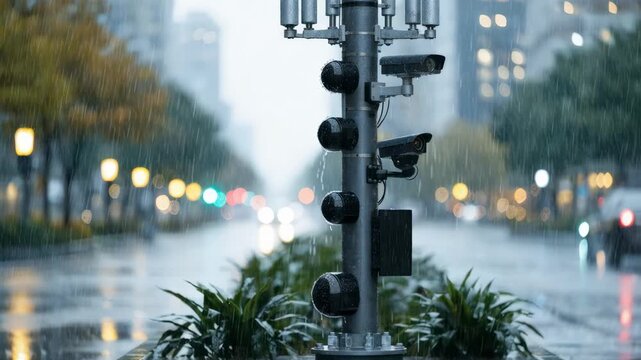 Focused medium shot of multifunction 5G pole on a boulevard median highlighting sensors and communication equipment with softfocus cityscape behind.
