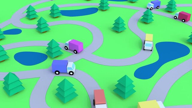 3d cartoon trucks drive on curve road endless 4k