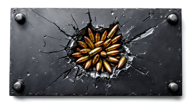 Metal plate with cracked hole revealing cluster of large caliber bullets inside, dramatic contrast and gritty texture